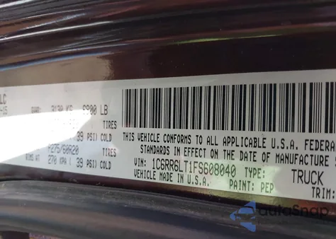 2015 Ram 1500 Slt z USA, uszkodzony, nr VIN 1C6RR6LT1FS608040